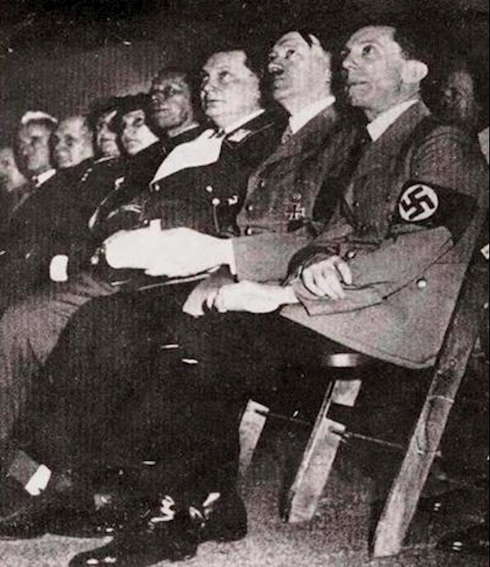 رهبران نازی از راست به چپ-دکترگوبلز رئیس تبلیغات -هیتلر-هرمان گورینگ معاون هیتلر
