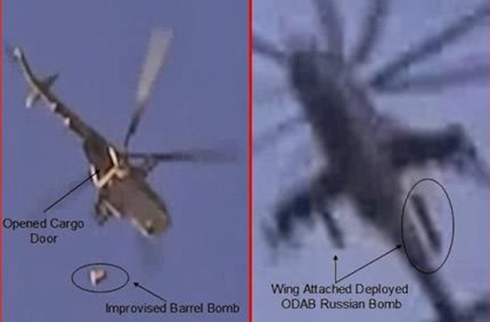 هلیکوپتر سوریه در حال پرتاپ بمب بشکه ای