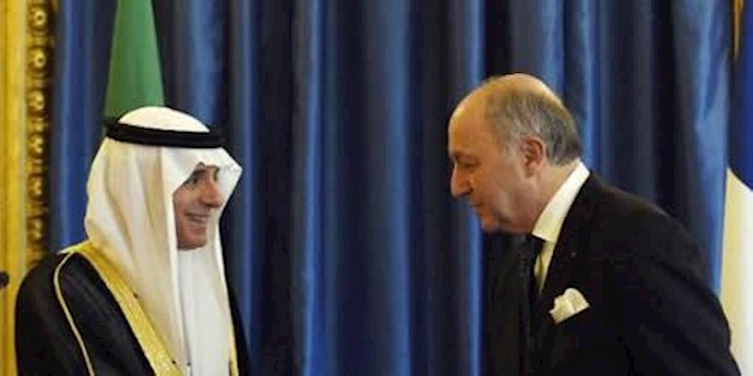 کنفرانس مطبوعاتی مشترک عادل الجبیر وزیر خارجه عربستان سعودی و لوران فابيوس وزير خارجه فرانسه