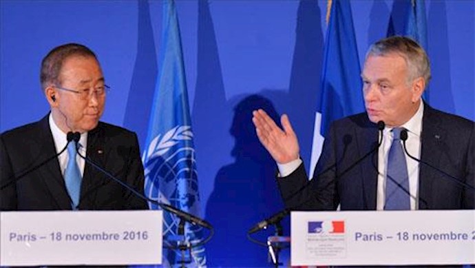ژان مارک آیرو٬ وزیر امور خارجه فرانسه پس از دیدار با بان کی‌ مون دبیرکل سازمان ملل متحد در یک نشست خبری