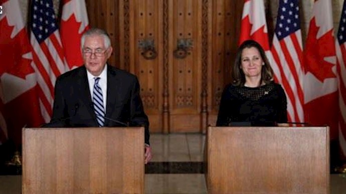 کریستیا فریلند وزیر خارجه کانادا در نشست خبری روز سه شنبه با وزیر خارجه آمریکا