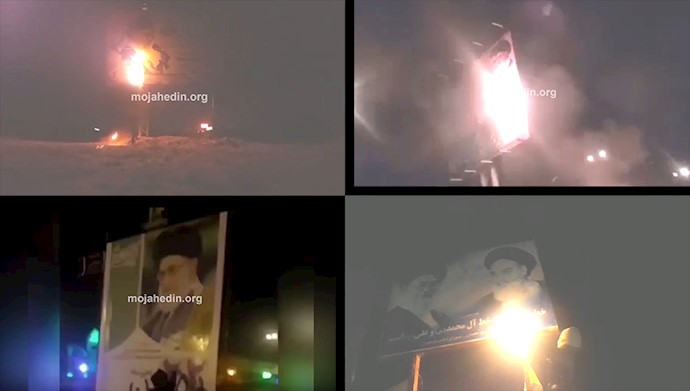 کانونهای شورشی تصاویر منحوس خامنه‌ای و خمینی را در تهران،شاهرود، قم و ارومیه به آتش کشیدند