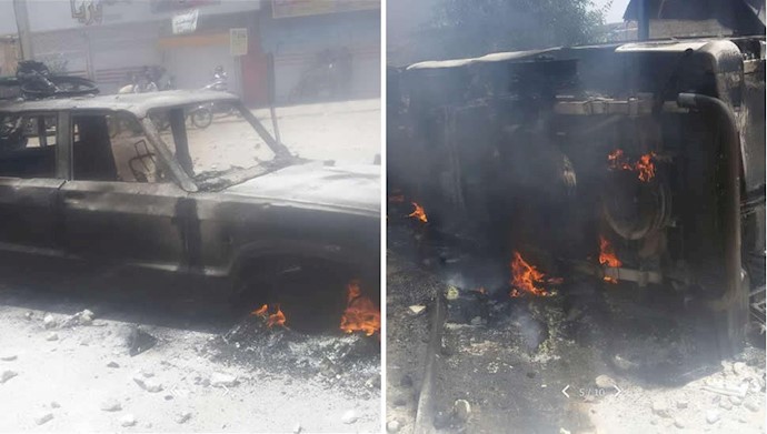 آتش کشیدن خودروهای نیروهای سرکوبگر ضدشورش در کازرون