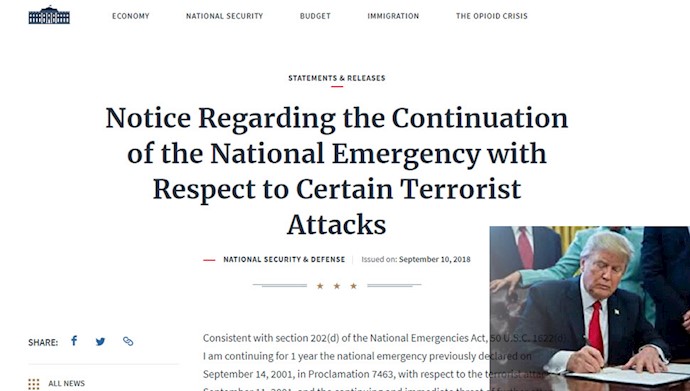دونالد ترامپ وضعیت اضطرار ملی در رابطه با حملات تروریستی را ادامه می دهد