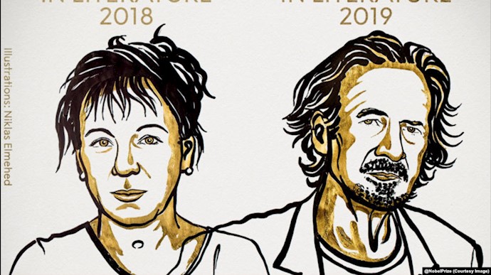 «اولگا توکارچوک» برنده جایزه نوبل ادبیات ۲۰۱۸(چپ) و «پیتر هانتکه» برنده جایزه نوبل ادبیات ۲۰۱۹