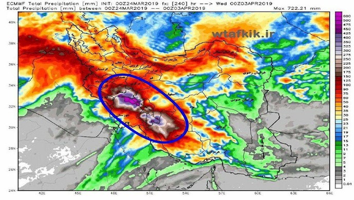 پیش‌بینی هواشناسی کشور در مورد بارانهای سیل‌آسای کشور به‌ویژه خوزستان یک هفته قبل از سیل۳