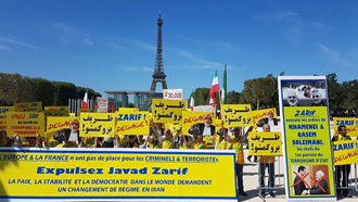 تظاهرات ایرانیان و اشرف نشانها در پاریس علیه حضور جواد ظریف