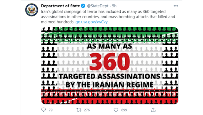 توئیت وزارت‌خارجه آمریکا درباره تروریسم رژیم ایران