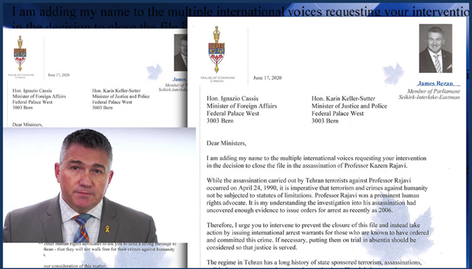نامه جیمز بزن نماینده پارلمان و وزیر دفاع سایه کانادا به مقامات سوئیسی درباره بستن پرونده عاملان ترور دکتر کاظم رجوی
