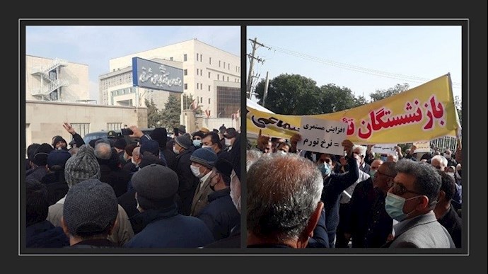 تجمع بازنشستگان در تبریز (سمت چپ) و اهواز (سمت راست) - ۷ بهمن ۱۳۹۹