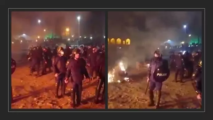 اصفهان - نیروهای امنیتی و انتظامی رژیم پس از به آتش کشیدن چادرهای کشاورزان - ۴ آذر ۱۴۰۰