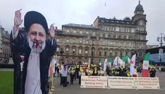 تجمع ایرانیان هوادار مجاهدین در اعتراض به جنایات رژیم و فراخوان به محاکمه رئیسی، همزمان با کنفرانس آب و هوا در گلاسکو