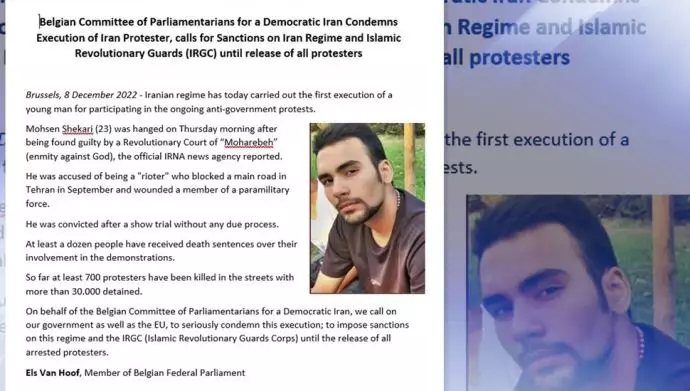 کمیتهٴ بلژیکی پارلمانترها برای یک ایران دموکراتیک - محکومیت اعدام محسن شکاری