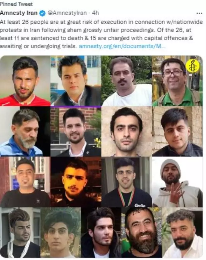 -عفو بین‌الملل: دست‌کم ۲۶ نفر از بازداشت شدگان در ایران به‌شدت در معرض خطر اعدام هستند