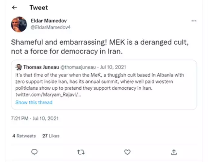 نمونه‌هایی از تکرار اراجیف اطلاعات آخوندی علیه مجاهدین توسط الدار ممدوف در توئیتر - 1
