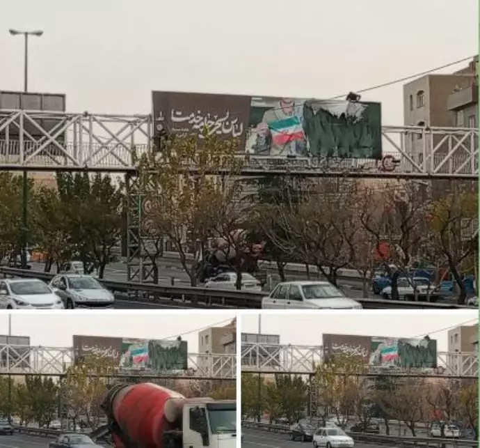 -تهران اتوبان حکیم - مردم و جوانان یکی از بنرهای حکومتی در صبح زود آتش زدند- نیروهای رژیم در حال تعویض آن هستند. شنبه ۱۲