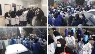 تجمع اعتراضی کادر درمان مقابل وزارت بهداشت و انترنهای بیمارستان فیروزگر دانشگاه علوم پزشکی