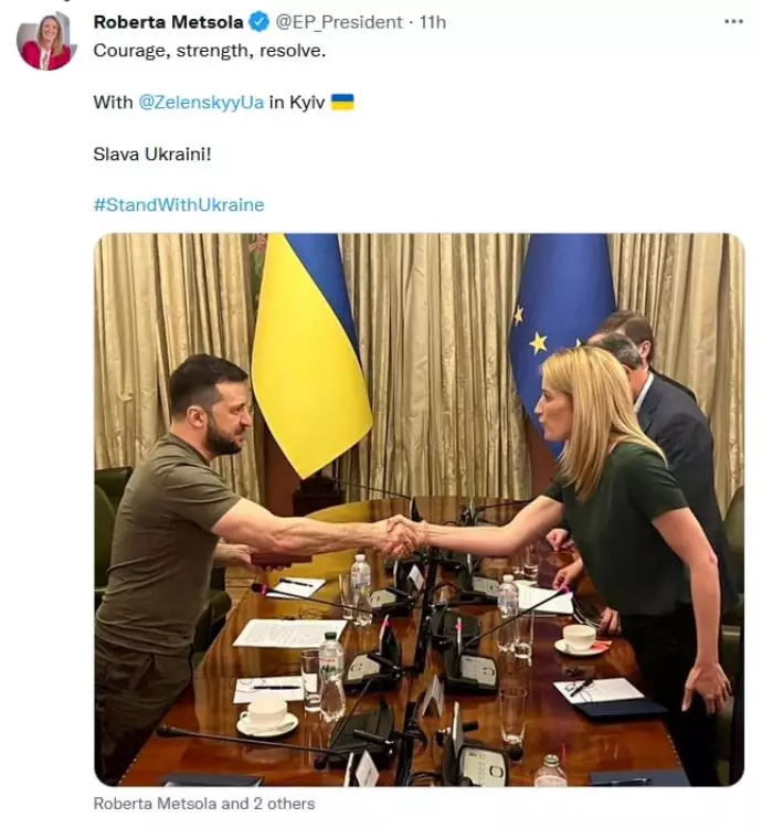 -خانم روبرتا متسولا Metsola رئیس پارلمان اروپا به همراه هیأتی به‌منظور دیدار با زلنسکی رئیس‌جمهور اوکراین وارد کی‌یف شد