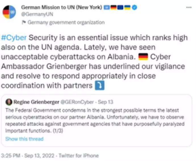 -نمایندگی دائمی آلمان در سازمان ملل متحد: حملات سایبری به آلبانی غیرقابل قبول است