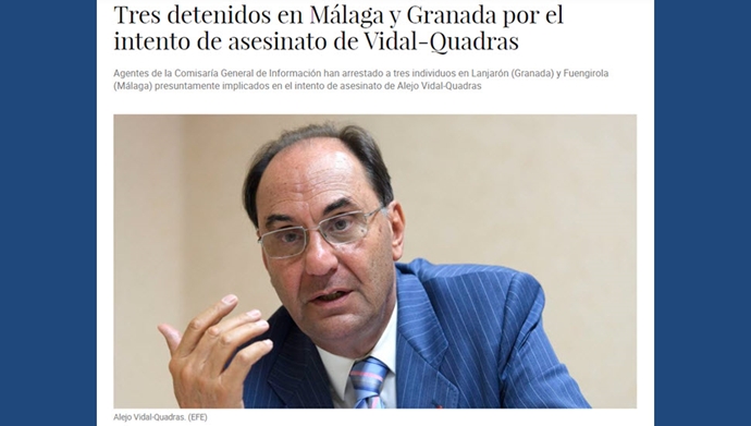 ال کانفیدنشنال اسپانیا: سه نفر در مالاگا و گرانادا به‌دلیل تلاش برای قتل ویدال کوادراس دستگیر شدند