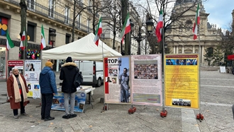 پاریس - (مقابل دانشگاه سوربون) - برگزاری میز کتاب و انتشار تصاویر شهیدان توسط ایرانیان آزاده
