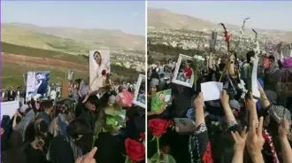 مهاباد - حضور مردمی همزمان با عید فطر بر سر مزار شهیدان قیام با شعارهای شهید نمی‌میرد