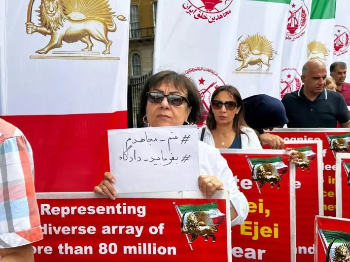 لندن - آکسیون ایرانیان آزاده - حمایت گسترده اشرف‌نشانها از برگزاری دادگاه بین‌المللی برای خامنه‌ای جنایتکار - ۱۳مرداد - 1