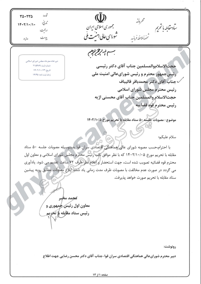 نامه محرمانه به سران سه قوه، محمد مخبر معاون اول رئیس‌جمهور و رئیس ستاد دور زدن تحریم‌ها