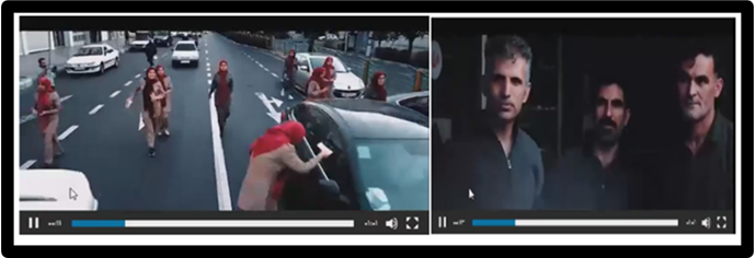  دو صحنه از تبلیغ فیلم سرهنگ ثریا در خیابانهای تهران از تلویزیون رژیم