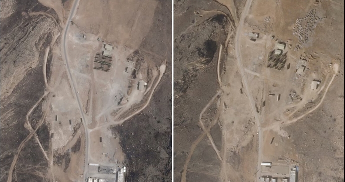 تصاویر ترکیبی ماهواره‌ای، پایگاه موشکی جنوب شیراز را قبل و بعد از بازسازی نشان می‌دهد