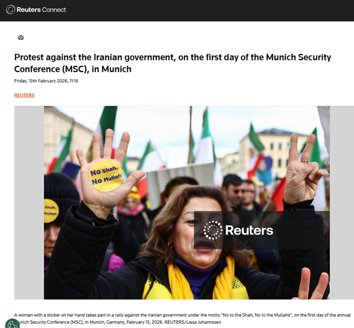 انعکاس تصویری خبرگزاری رویترز از تظاهرات ایرانیان آزاده و یاران شورشگر در مونیخ همزمان با کنفرانس امنیتی مونیخ