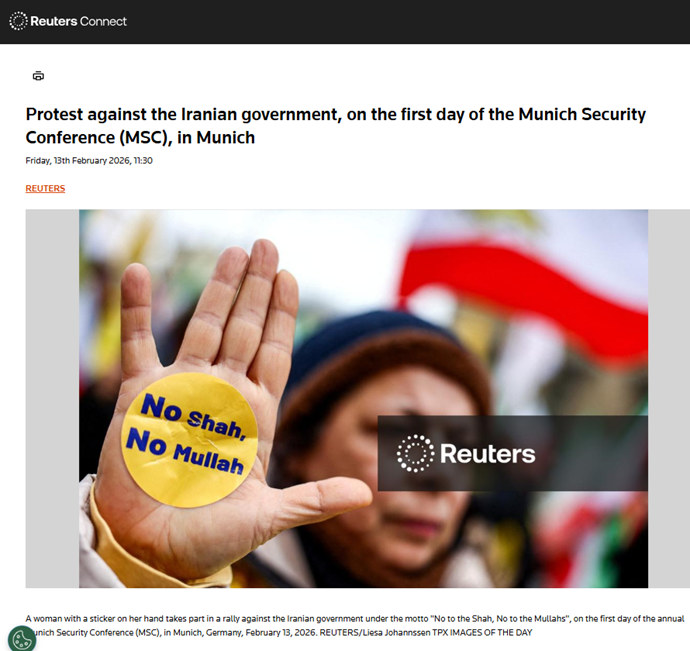 انعکاس تصویری خبرگزاری رویترز از تظاهرات ایرانیان آزاده و یاران شورشگر در مونیخ همزمان با کنفرانس امنیتی مونیخ