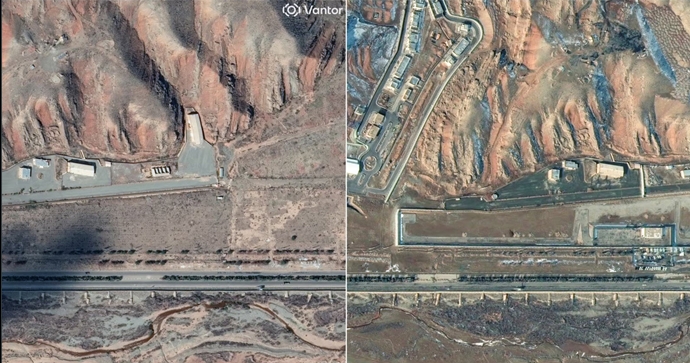 تصاویرماهواره‌ای، مجتمع نظامی پارچین را پیش از حملات اسراییل در اکتبر ۲۰۲۴ (چپ) و پس از آن نشان می‌دهد