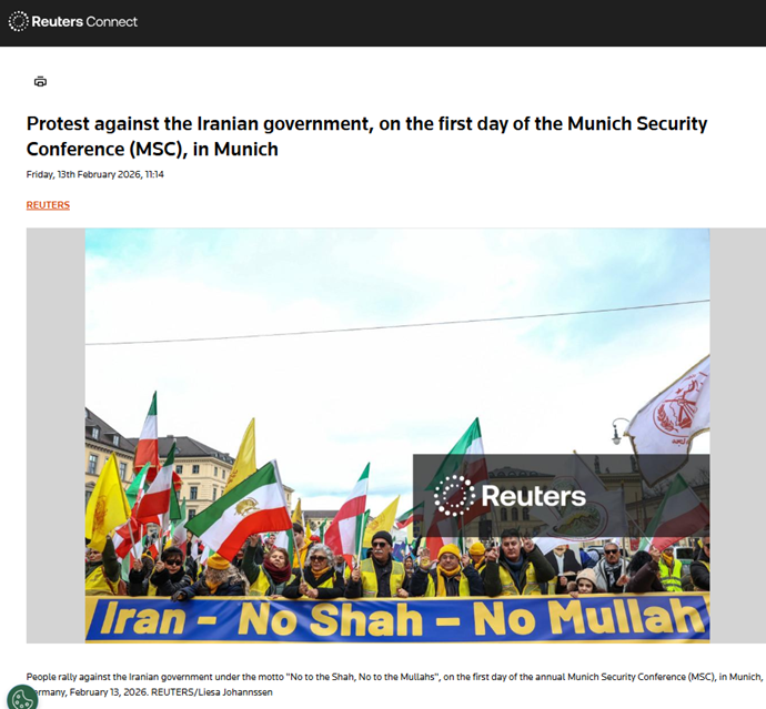 انعکاس تصویری خبرگزاری رویترز از تظاهرات ایرانیان آزاده و یاران شورشگر در مونیخ همزمان با کنفرانس امنیتی مونیخ