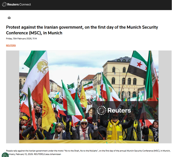 انعکاس تصویری خبرگزاری رویترز از تظاهرات ایرانیان آزاده و یاران شورشگر در مونیخ همزمان با کنفرانس امنیتی مونیخ
