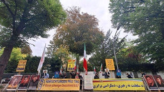برلین - ۲۱۰مین روز تحصن ایرانیان آزاده در برابر جاسوس‌خانه آخوندها در اعتراض به اعدامهای گسترده قضاییه خامنه‌ای